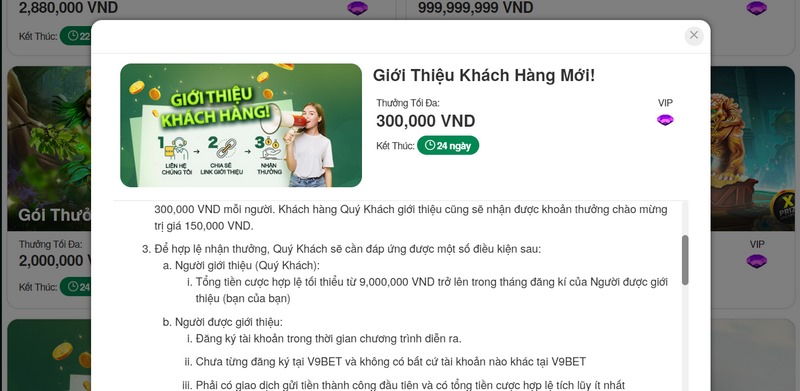 Khuyến mãi V9BET - Tổng hợp các chương trình mới nhất 3 Giới Thiệu Khách Hàng Mới Nhận Về 300 Nghìn Vnđ Cho Mỗi Người Giới Thiệu Thành Công